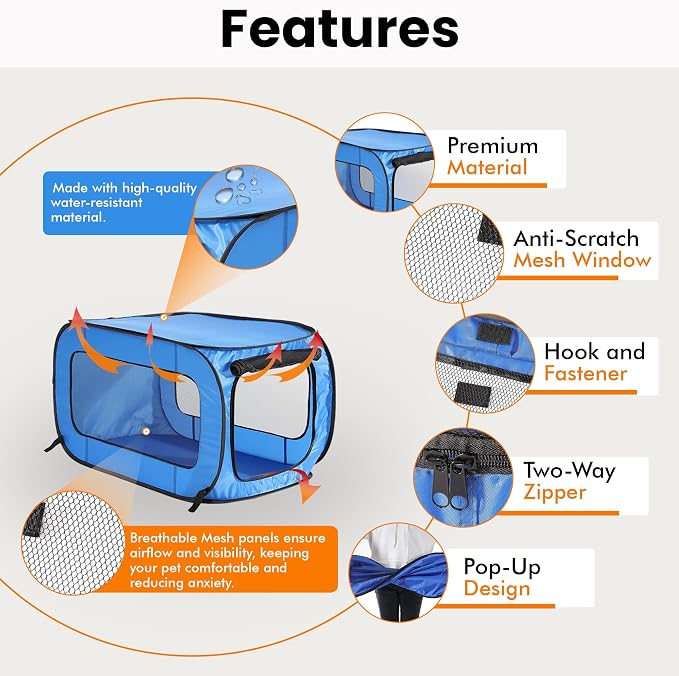Portable Collapsible Pop Up Kennel, 36" L x 22" W x 22" H, Blue | Collapsible indoor/outdoor travel cat and dog crate with mesh screen windows pops up and folds flat for easy storage