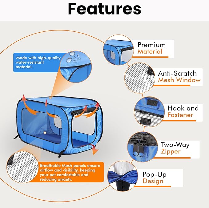 Portable Collapsible Pop Up Kennel, 24"L x 16.6"W x 16"H, Blue | Collapsible indoor/outdoor travel cat and dog crate with mesh screen windows pops up and folds flat for easy storage