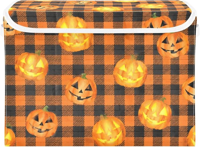 Storage Bins with Lid Halloween Pumpkin Foldable Storage Boxes 40L Baskets | Decorative Storage Boxes, 300D Oxford Cloth, Hollow Board Frame, Flip Top Velcro Lid, 16.5x12.6x11.8 inch, Collapsible Design