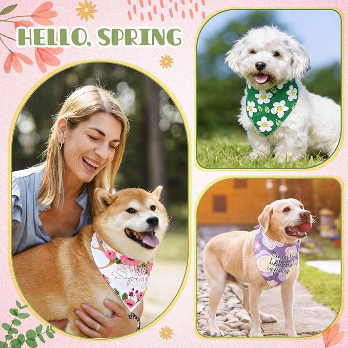 Kacctyen 50 Pcs Spring Dog Bandanas Bulk Bandanas for Dogs Grooming with Spring Flowers Bees Adjustable Pet Triangle Scarf Bib Washable for Small Medium Large Puppy Cats Pets Costume Accessories