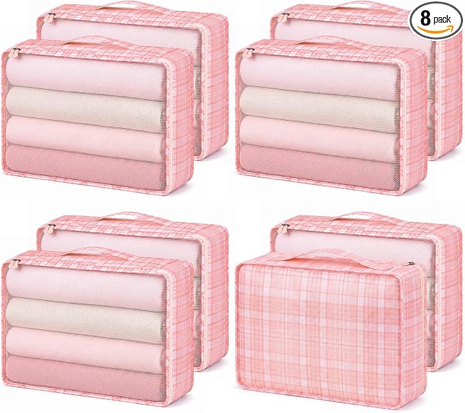 Silkfly 8 Pcs XL Packing Cube for Travel Luggage,Plaid,Pink | 17.7 x 13 x 4.7, Same Size, Pink Plaid Suitcase Storage Organizer Set, Reusable Mesh Clothes Cube for Hiking Camp Family