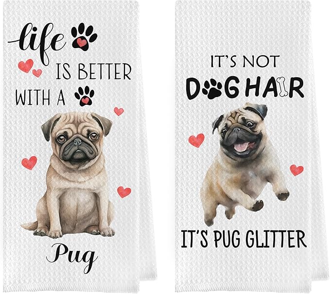 Gequtt Pug Gifts Dish Towels - Funny Waffle Weave Kitchen Towels, Set of 2 (1624 Inches) for Women, Pet Lovers