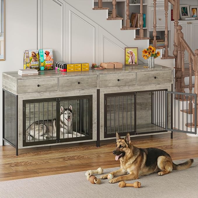 PUKAMI Large Dog Crate Furniture with 2 Drawers, 44 Inch Wooden Dog Kennel Indoor, Crate Furniture as Decorative End Table, Cage Furniture for Small Medium Large Dogs (New Grey, 2-Pack Set)