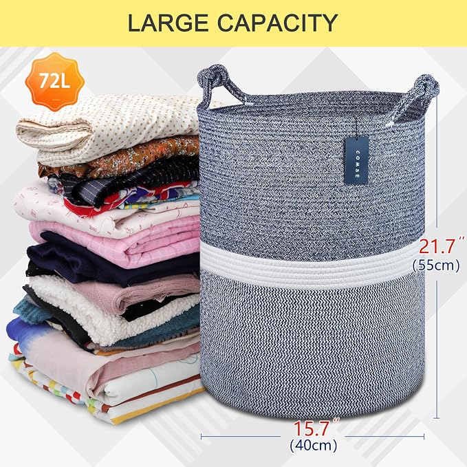 COMSE Tall Woven Blanket & Laundry Basket, 72L, Blend Navy Blue & White | 15.7”x 21.7”, Cotton Rope, Large Nursery Hamper for Storage of Toys Clothes Towels, Great for Living Rooms Bedrooms Bathrooms