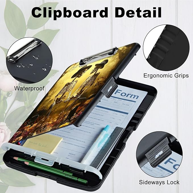 A4 Clipboard with Storage Pen Holder, Clipboards Organizer Nursing Clipboard Foldable File Folder Plastic Clipboard Folio Clip Board for Office Work Classroom Doctor, Forest Skull Leaf