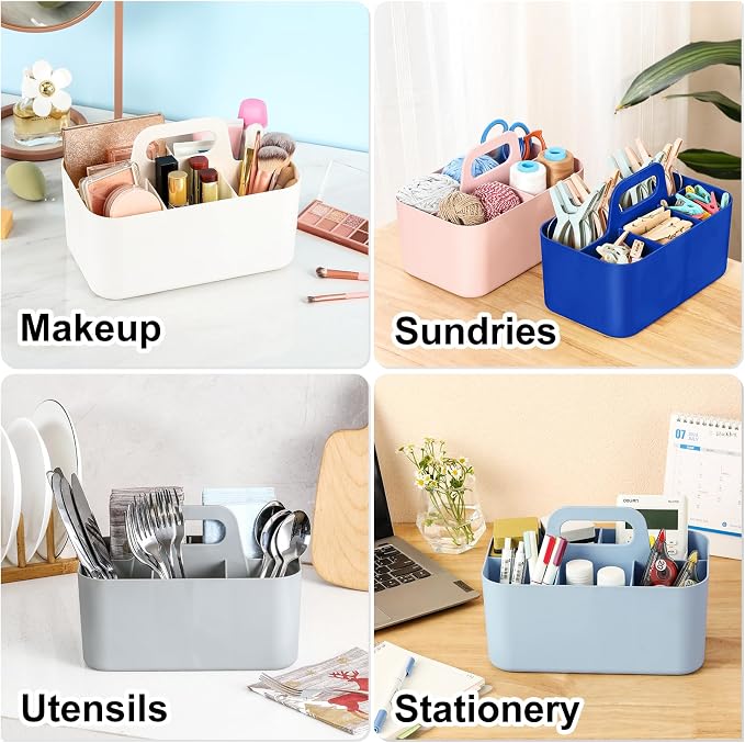 Multiuse Caddy Organizer with Handle, Portable Plastic Tote Bin - Art Craft, Stationary Pen Marker Crayons, Makeup Hair Supplies Storage - Bathroom, Classroom, Dorm, Office, Desk Holder - Dark Blue