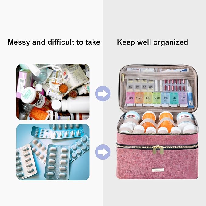 Lexeeco Travel Medicine Pill Bottle Organizer Bag with Portable Small Pouch | Medication Case with Lockable Zipper for Pill,Vitamin,Medicine Storage Box for College Dorm Student,Home,First Aid Bag Empty