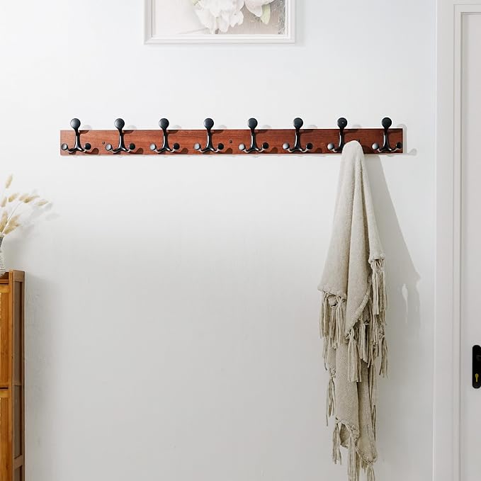 SKOLOO 43-Inch Cherry Wood Coat Rack Wall Mount with 8 Triple Hooks - Ideal for Family Entrances, Classrooms, and Pet Supplies Storage - Perfect Coat Hooks for Wall, Pack of 2