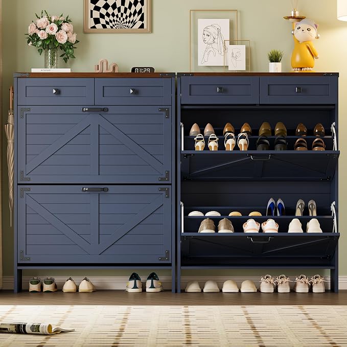BORNOON Shoe Cabinet with Odor Control Deodorizer and Back Panel, Farmhouse Narrow Shoe Storage Cabinet Rack for Entryway with 2 Flip Drawers and 2 Top Drawers, Adjustable Shelves, Side Hooks