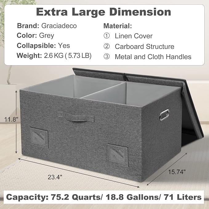 Graciadeco 75 Quarts Extra Large Decorative Storage Bins with Lids, 1 Pack Gray Collapsible Storage Bins with Lids, Stackable Storage Bins Decorative Box Storage With Lid Extra Large | 75 Quarts 1 Pack Gray1 Collapsible Stackable Linen Fabric 4 Handles...