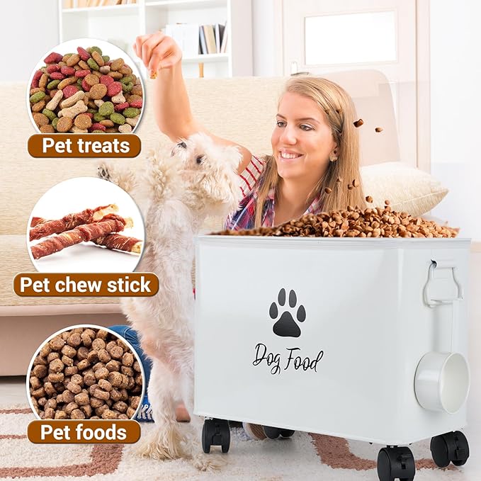 Dog Food Container 13lb, Cute Airtight Pet Food Storage Containers with Metal Lid Scoop, Black Metal Storage Bin for Dog/Cat with Wheels,Easy to Move White