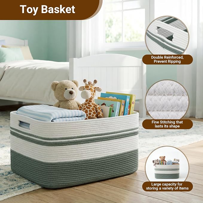75L Large Blanket Basket, 22"x17"x12"Rectangle Cotton Rope Woven Storage Basket with Handles, Laundry Hamper for Living Room, Nursery, Bedroom - Chemical-Free, Kid & Pet Safe - Sage Green