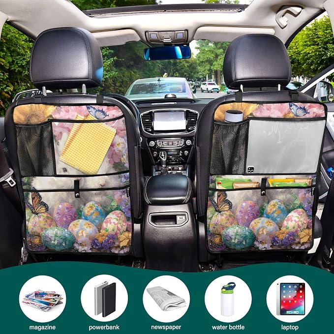 2 Pack Back Seat Car Organizer with Storage Pockets Kick Mats Back Seat Protector Hanging Car Organizer Automotive Seat Back Cover Organizers Easter Bunny Eggs Sunlowers