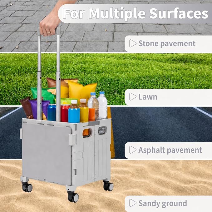 Foldable Shopping Cart with Wheels: Gray Rolling Utility Crate | Adjustable Handle, All-Terrain Wheels, Multipurpose Grocery Trolley for Teacher, Market, Office, Luggage, Laundry, Garden