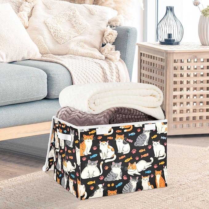 Cat Fish Fabric Storage Bins with Lid Foldable Storage Boxes 40L Baskets | Foldable & Stackable, Flip Top Dust Guard, Reinforced Handles, Home & Bedroom, Clothes & Toys, Oxford Print Basket