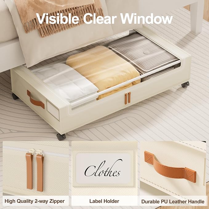 LAMU Under Bed Storage with Wheels, 2Pack Underbed Storage Containers,Beige | Smooth-rolling Wheels, Clear Lid & Label, Sturdy Metal Frame, Easy Install, Rolling Storage Drawers for Clothes, Shoes, Toys