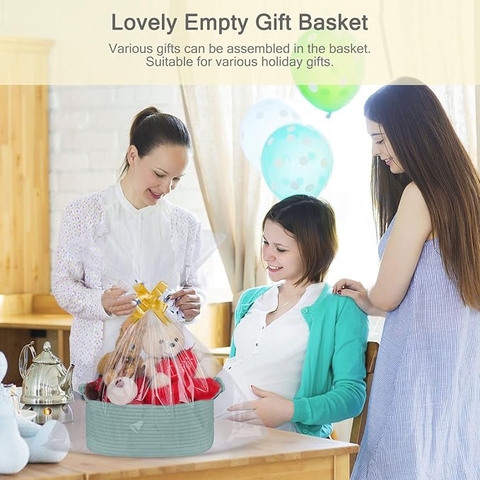Small Empty Gift Basket with Bag & Ribbons, Light Green | 12“x8”x5”, Cotton Rope Woven Basket for Birthdays, Baby Showers, Mother's Day, Christmas; Stores Small Items, Kids & Pet Toys