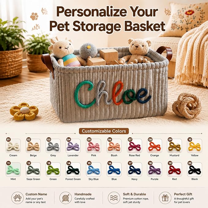 Personalized Dog Cat Toy Basket with Name | Custom Handmade Corduroy Pet Toy Organizer Bin for Home Storage, Unique Gift for Pet Lovers