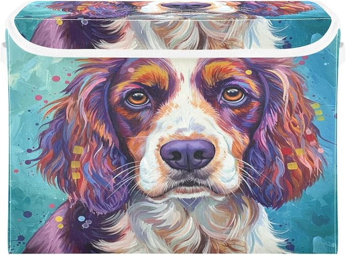 Pet Animal Painting Storage Bins with Lids Closet Bedroom 40L Fabric Bin | Decorative Storage Boxes, Foldable & Stackable, Dust-Proof Flip Top, Reinforced Handles, For Home & Dorm, Clothes & Toy Box
