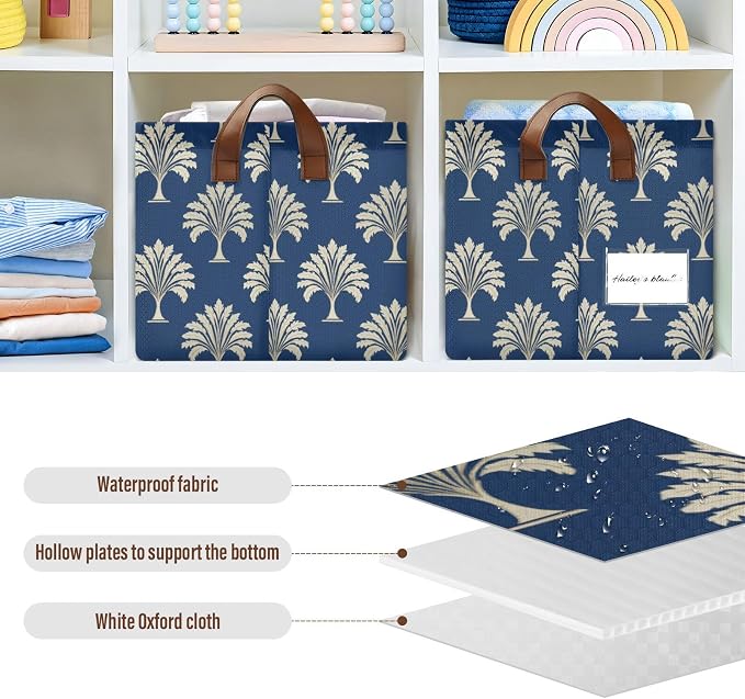 Navy Blue Bg Vintage Exotic Tree Storage Basket Foldable Cube Storage Bins with Handles&Label Waterproof Collapsible Organizer Box Bin Large Rectangle Decorative Baskets for Shelves Home Room Laundry