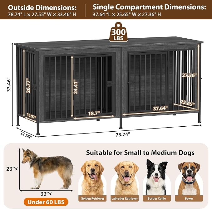 EasyCom 78" Wooden Double Dog Crate with Divider & Raised Legs, Gray | Raised Legs, For 1–2 Small to Large Dogs, Multiuse TV, Plant & Display Stand