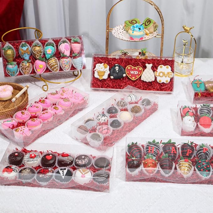 24PCS 12x5x2 Inches Clear Valentines Strawberry Boxes for Party Favors | Clear Gift Boxes for Cookie,Macaron Strawberry,Dessert,Jumbo Cards and More