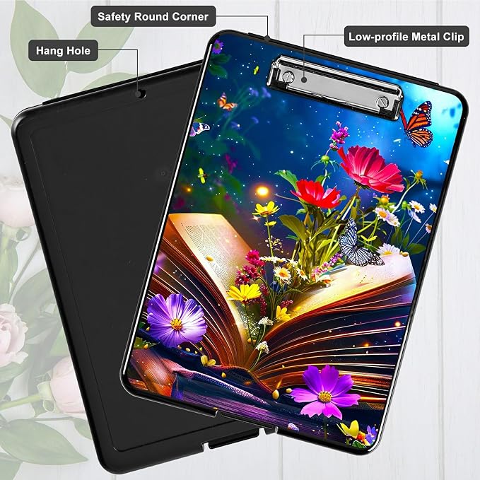 Book Flower A4 Clipboard with Storage Pen Holder, Clipboards Organizer Nursing Clipboard Foldable File Folder Plastic Clipboard Folio Clip Board for Office Students Classroom Doctor