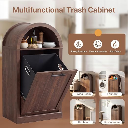Seang Arched Tilt-Out Trash Can Cabinet,Laundry Hamper Cabinet with Foldable Laundry Basket,Wooden Hidden Garbage Can Cabinets with Metal Handle & Hooks,Walnut