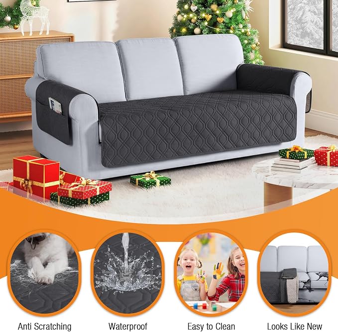 VANSOFY Waterproof Couch Cover for Pets, Charcoal Gray, 67.3" | Non-Slip, Washable, Utility Pockets, Pet Friendly, Furniture Protector Slipcover for 3 Cushion Couch