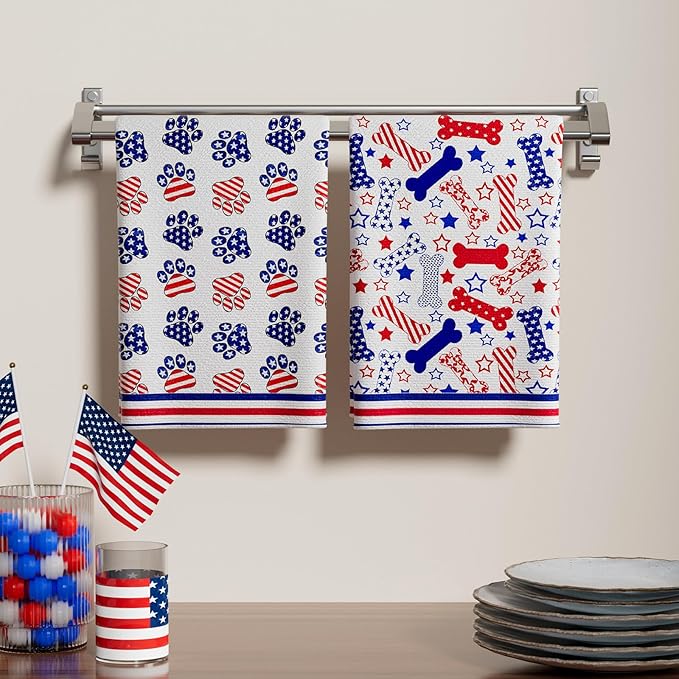 XCHI Dog Paws Bones Stars America Patriotic 4th of July Memorial Day Independence Day Kitchen Towels Dish Towels 18x26 Inch Home Decorations Hand Towels Set of 2 Drying Dishcloth
