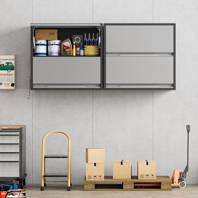 Garage Wall Cabinet, 25.6" H Metal Wall Cabinet with 2 Up-Flip Door | Wall Mounted Metal Storage Cabinet, Upper Cabinet for Kitchen,Garage,Workshop,Warehouse, Assembly Required, Gray