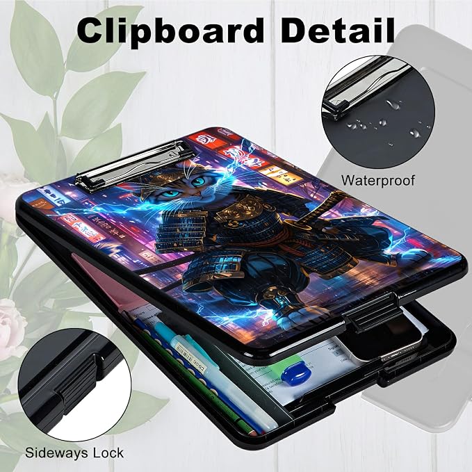 Heavy Duty Storage Clipboard, Slim Nursing Clipboard with Internal Pen Case, Portable File Organizer Case for A4 Letter Size Paper Office Medical Professionals, Blue Flame Cat
