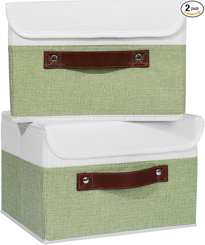ANMINY Fabric Storage Box Bins with Lids, Green White, 10"x8"x7", 2 Pack | Keepsake Memory Storage, Cotton Linen, PP Board Reinforced, Washable, PU Handles, Foldable & Stackable, Decorative, Small