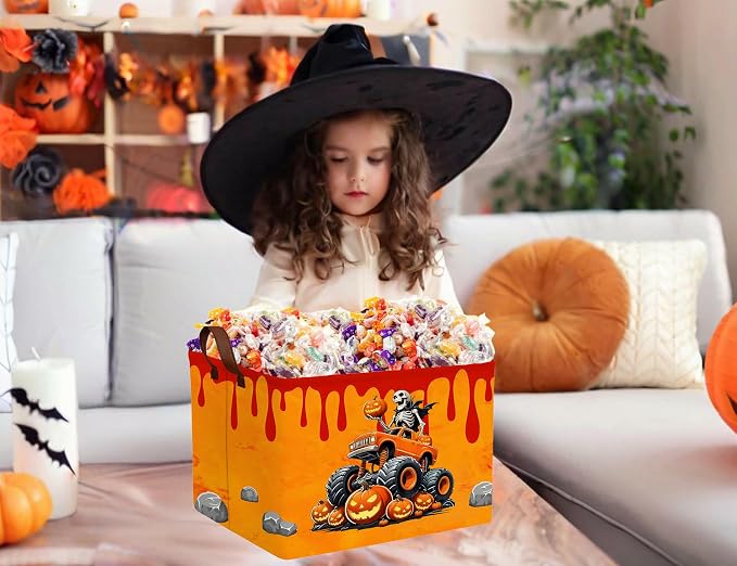 Large Halloween Themed Candy Gift Boo Basket for Kids Baby Personalized Adults Storage Bin Fall Decor(Skeleton Monster Truck)