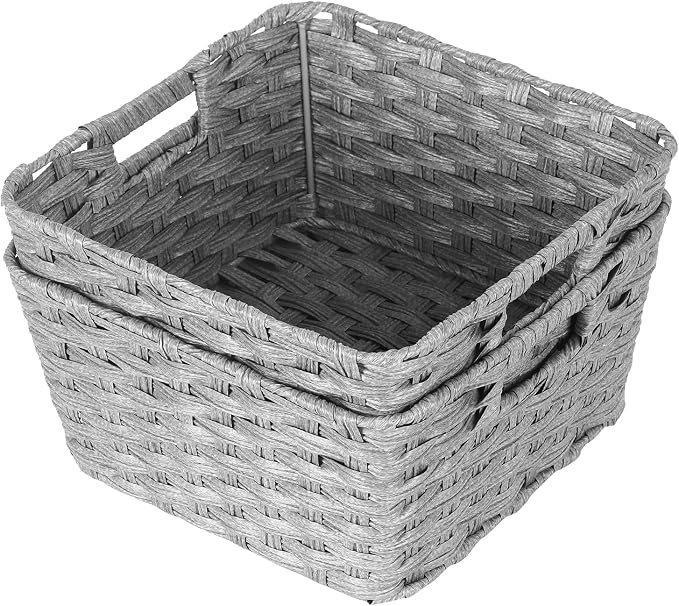 2-Pack Plastic Wicker Storage Baskets for Bathroom, 12"x12"x6", Grey | onlytak Woven Storage Baskets, Stackable & Durable, for Shelves, Closet, Toilet Paper, Home Organizing