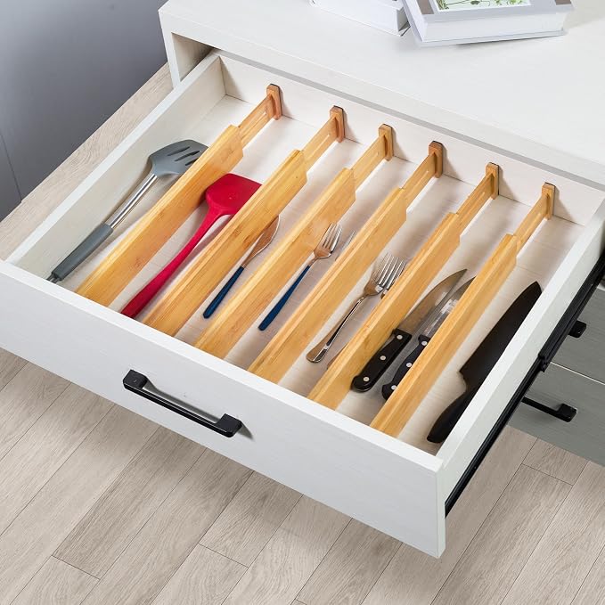 VaeFae 60-Pack Adjustable Bamboo Drawer Dividers, Expandable Drawer Organizer for Kitchen Utensils, Clothes, Bathroom, Office – Fits Drawer Interiors 16.6" to 21.8"