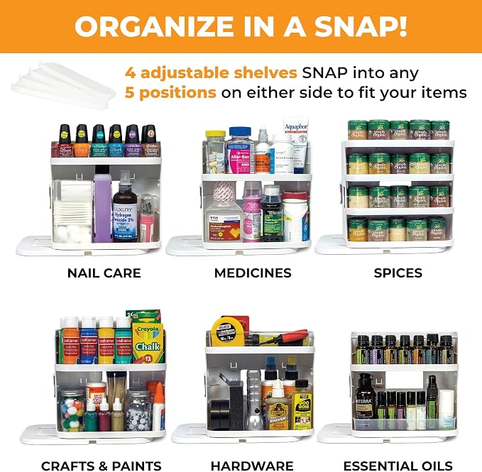 Spice Rack Organizer for Cabinet, 4 Adjustable Shelves | 4 Snap-In Adjustable Shelves, 8.9"H x 6.1"W x 10.8"D, Magnetic Modular Connect, Pivot-Up Shelves, Small Things Tray, No Tools