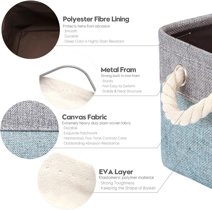 Sea Team Compact Rectangle Canvas Open-Top Storage Baskets, 3-Pack | Collapsible Fabric Storage Bins with Handles, Closet Shelf Organizers, 12 x 8 x 5 Inches, Stone Blue & Gray
