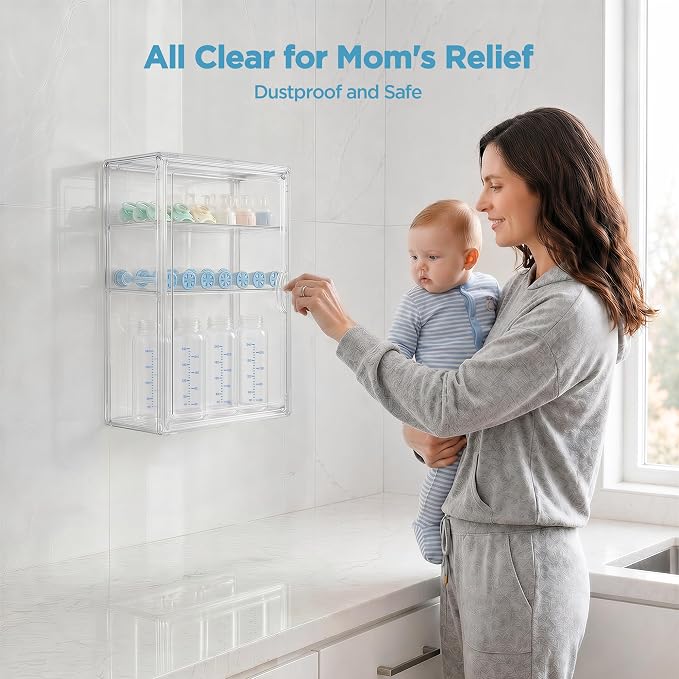 HBlife Baby Bottle Storage Organizer for Wall Countertop Cabinet, 3 Tiers Adjustable Clear Acrylic Bottles Storage Station Case Box Container with 2 Removable Dividers and Magnetic Door, Small