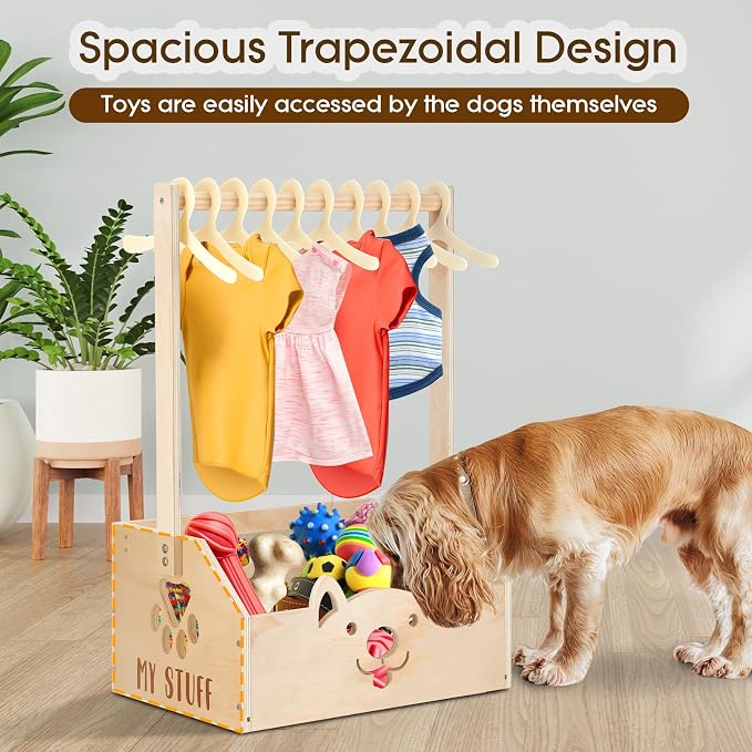 Chunful Dog Closet Wardrobe, Storage Bin, 5 Hangers, Wooden,Wood Color | Organize Pet Clothes and Toys, For Small Dogs and Cats, Includes Wardrobe Rack and Storage Box, Natural Wood, 19"x13"x9"