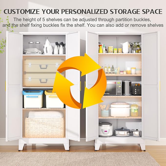 GAIOUS 75.2" Tall Pantry Cabinet,Kitchen Pantry Storage Cabinet with 2 Door | and 5 Adjustable Shelves, White Metal Pantry Storage Cabinet, Cupboard for Kitchen, Dining Room, Living Room and Bathroom