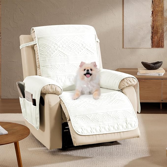 White Chair Covers, Water-Repellent Recliner Slipcovers, Boho Lazy Boy Chair Covers, Pet Friendly Recliner Cover for Dogs Cats, Washable Furniture Protector (Recliner 22", White)