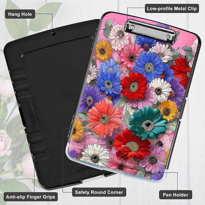A4 Clipboard with Storage Pen Holder, Clipboards Organizer Nursing Clipboard Foldable File Folder Plastic Clipboard Folio Clip Board for Office Work Classroom Doctor, Wildflower Pink
