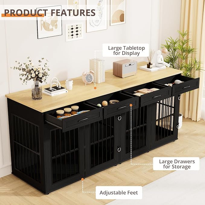 VOWNER 87" Dog Crate Furniture for 2 Dogs, Double Dog Cage Furniture, Black | Extra Large Wooden Dog Kennel with 4 Drawer, Removable Divider, Furniture-Style TV Stand, XXL Dog Crate for Large Medium Dogs
