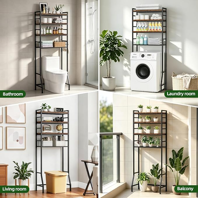 Over The Toilet Storage Rack,4-Tier Over Toilet Bathroom Organizer with Adjustable Wooden Shelves,Freestanding Space Saver Bathroom Cabinet Shelves Over Toilet,Over Toilet Storage, Vintage Brown