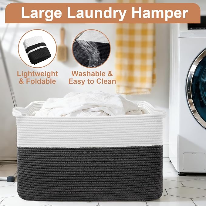 75L Large Blanket Storage Basket with Handles - White & Black | Extra-large clothes storage bin. Soft cotton, foldable, washable.Holds blankets, pillows for living room, bedroom, dorm.