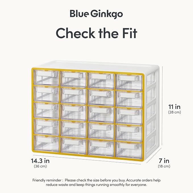 Blue Ginkgo 20-Drawer Storage Cabinet Organizer, Yellow, Made in Korea | Stackable. Adjustable. Easy Visibility.