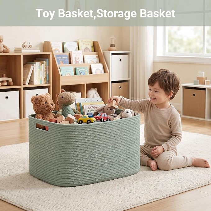 75L Green Cotton Rope Storage Basket, Large Rectangle Laundry Hamper with Handles, 22”x17”x12” Woven Blanket and Toy Basket for Living Room, Bedroom and Nursery