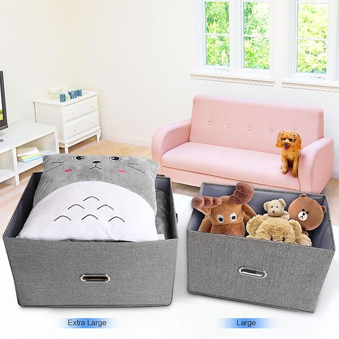 Large Linen Fabric Foldable Storage Bins with Removable Lid and Handles, Washable Storage Box Organizer Containers Baskets Cube with Cover for Bedroom,Closet,Office (Grey, Extra Large(2-Pack))