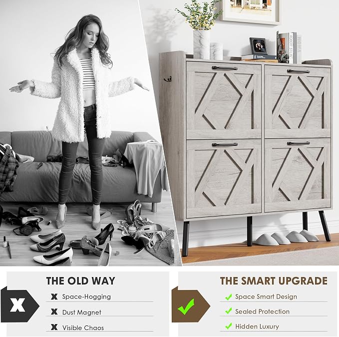 Shoe Cabinet with 4 Flip Drawers, Freestanding Shoe Organizer Cabinet, Farmhouse Narrow Shoe Storage Cabinet for Entryway, Foyer, Hallway